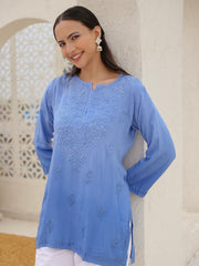 Vibha Ombre Chikankari Short Top Jordy Blue Rayon Cotton