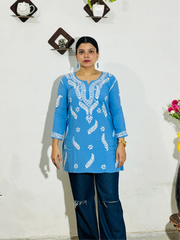 Aafri Rayon Chikankari Short Top Jordy-Blue