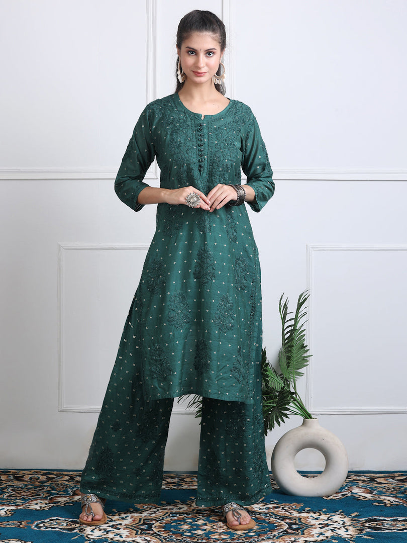 Sona Chanderi Chikan Kurti Set Bottle Green