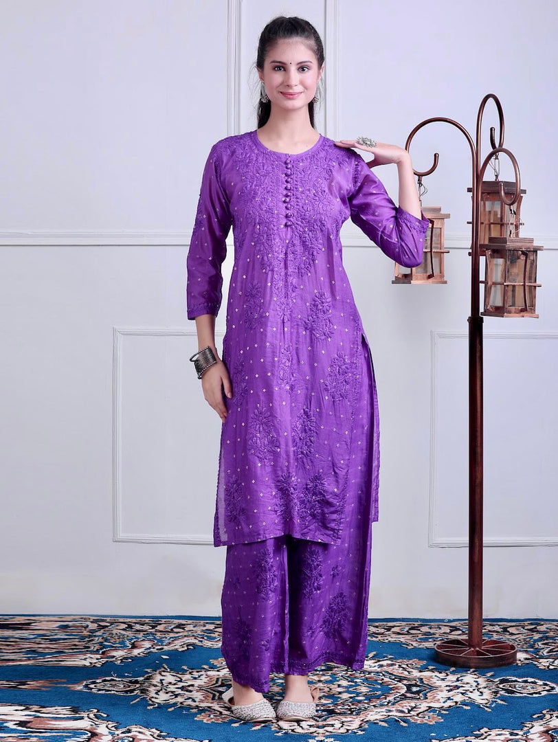 Sona Chanderi Chikankari Kurti Set