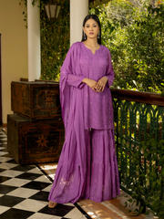 Sajni Luxury Chikankari Mukaish Gharara Set Lilac