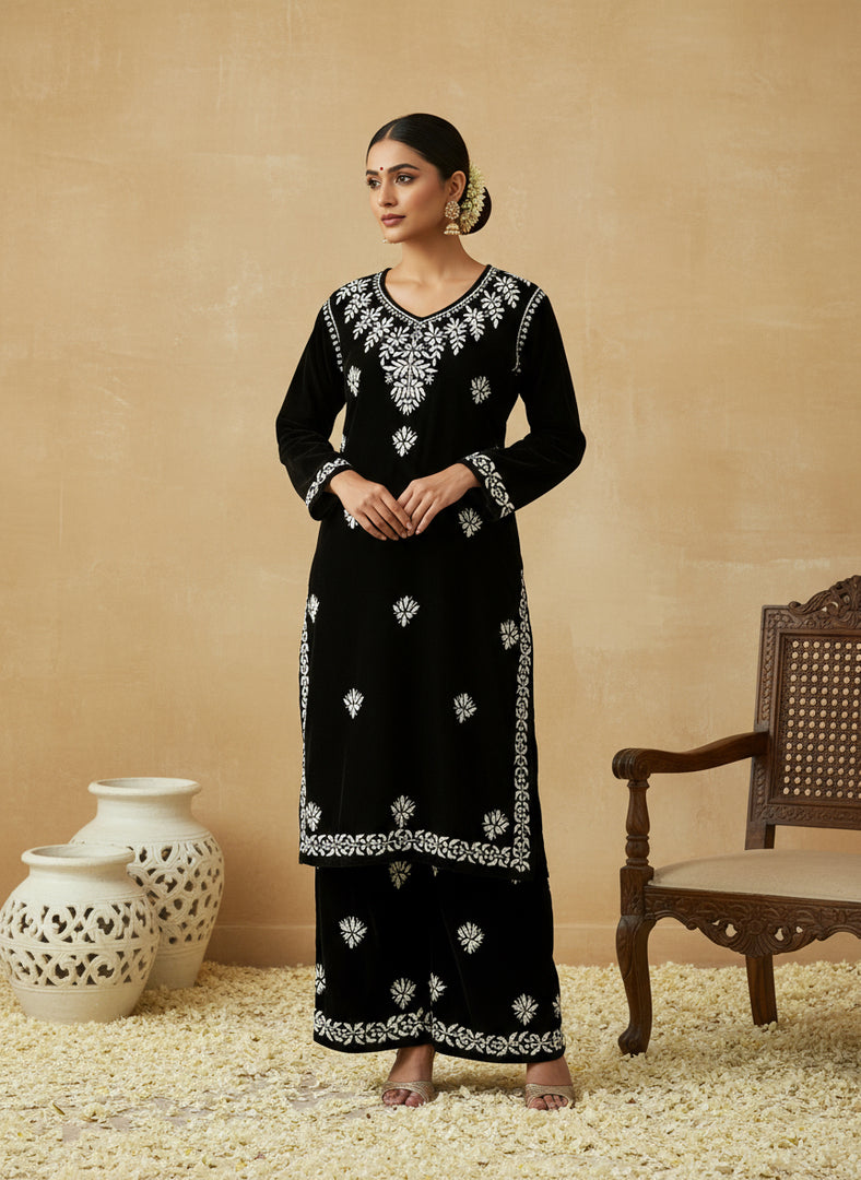 Ojhal Velvet Chikankari Kurti Pallazo Set