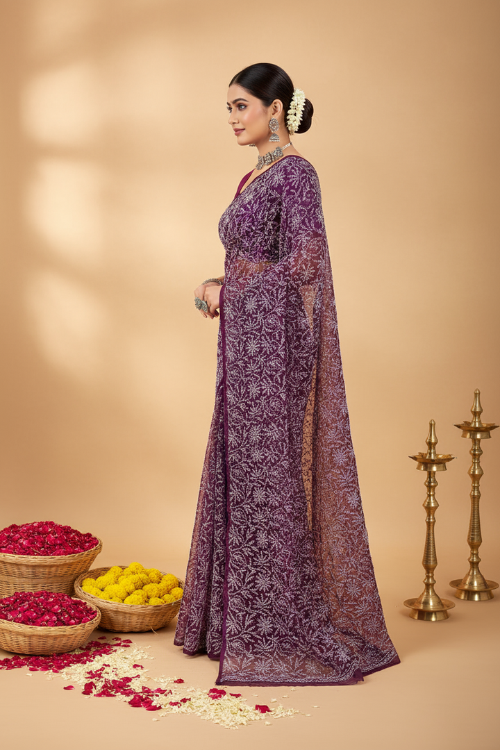 Tepchi work chikankari saree