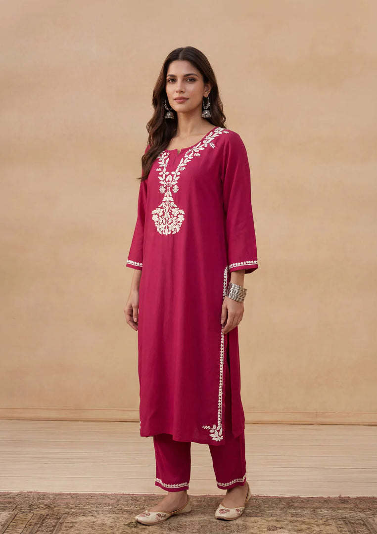 Daftar Rayon Chikankari Solid Women's 2 PC Long Kurta Set