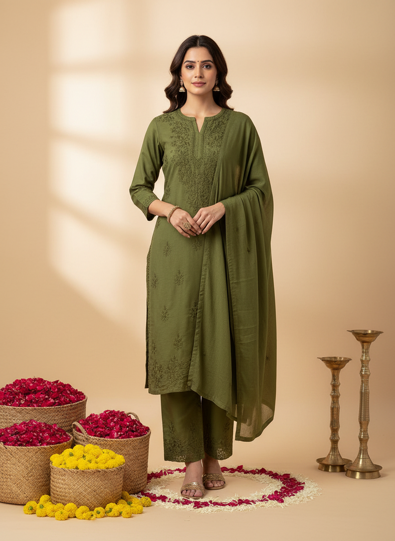 Sona Chanderi Chikankari Kurti Set Green