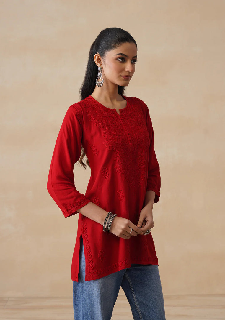 Amina Rayon Short Chikankari Kurti - Red
