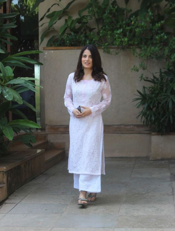 Zara Styled Georgette Chikankari Kurti With White Sharara