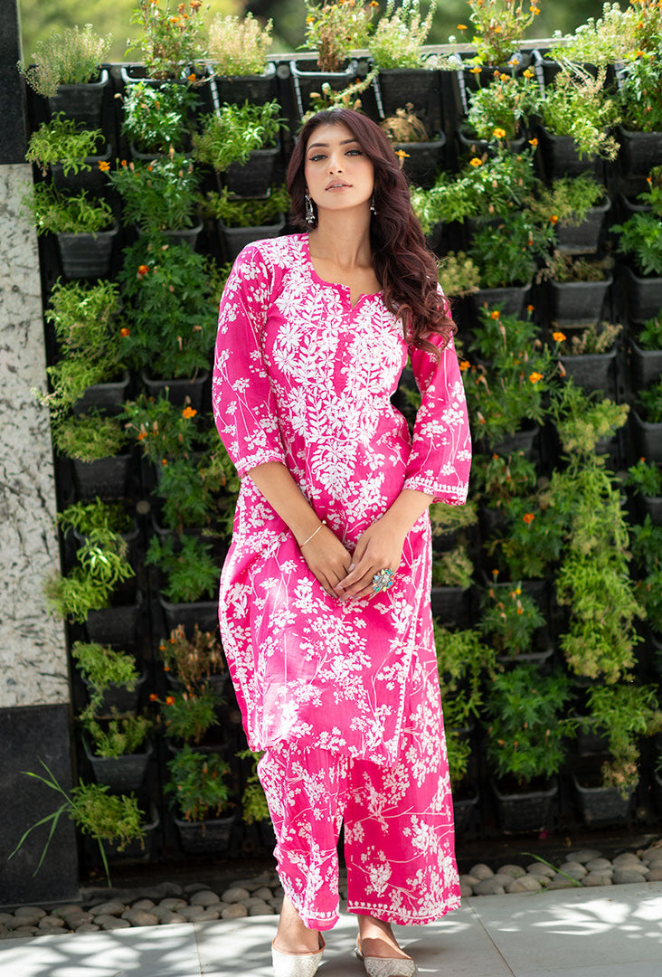 Chhaya Mul Chikankari Kurti Set Pink