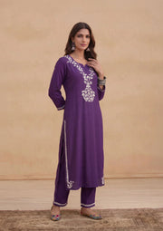 Daftar Rayon Chikankari Solid Women's 2 PC Long Kurta Set Purple