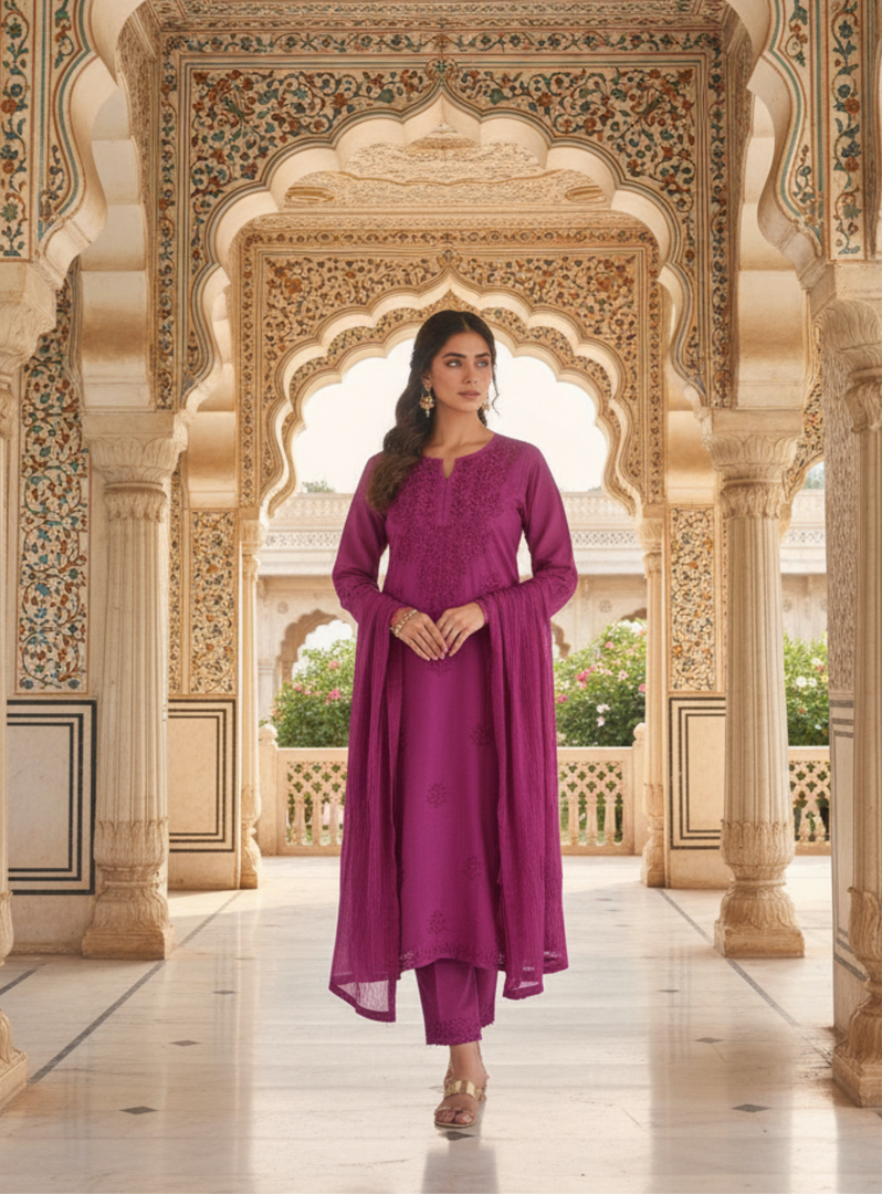 Sona Chanderi Chikankari Kurti Set