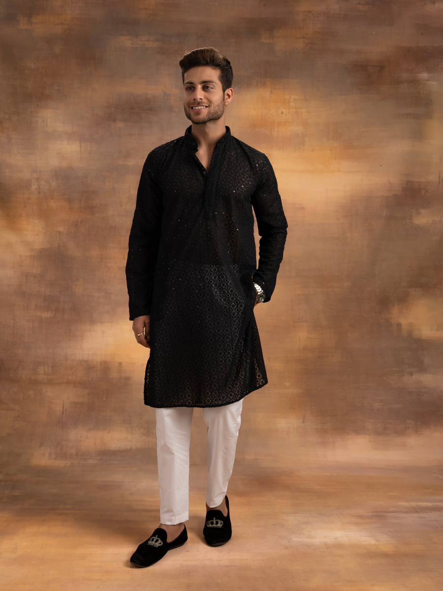 Nawab Mens Hakuba Sequence Chikankari Kurta & Pyjama Set-The Lucknowi Chikan