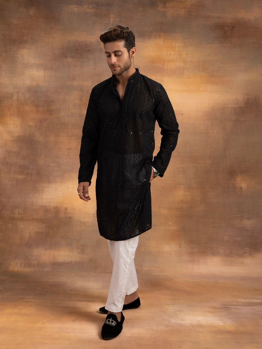 Nawab Mens Hakuba Sequence Chikankari Kurta & Pyjama Set