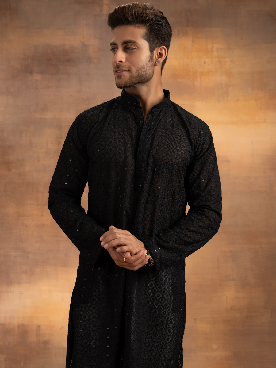 Nawab Mens Hakuba Sequence Chikankari Kurta & Pyjama Set