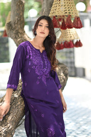 Ulfat Rayon Mukaish Chikankari Kurti- Purple