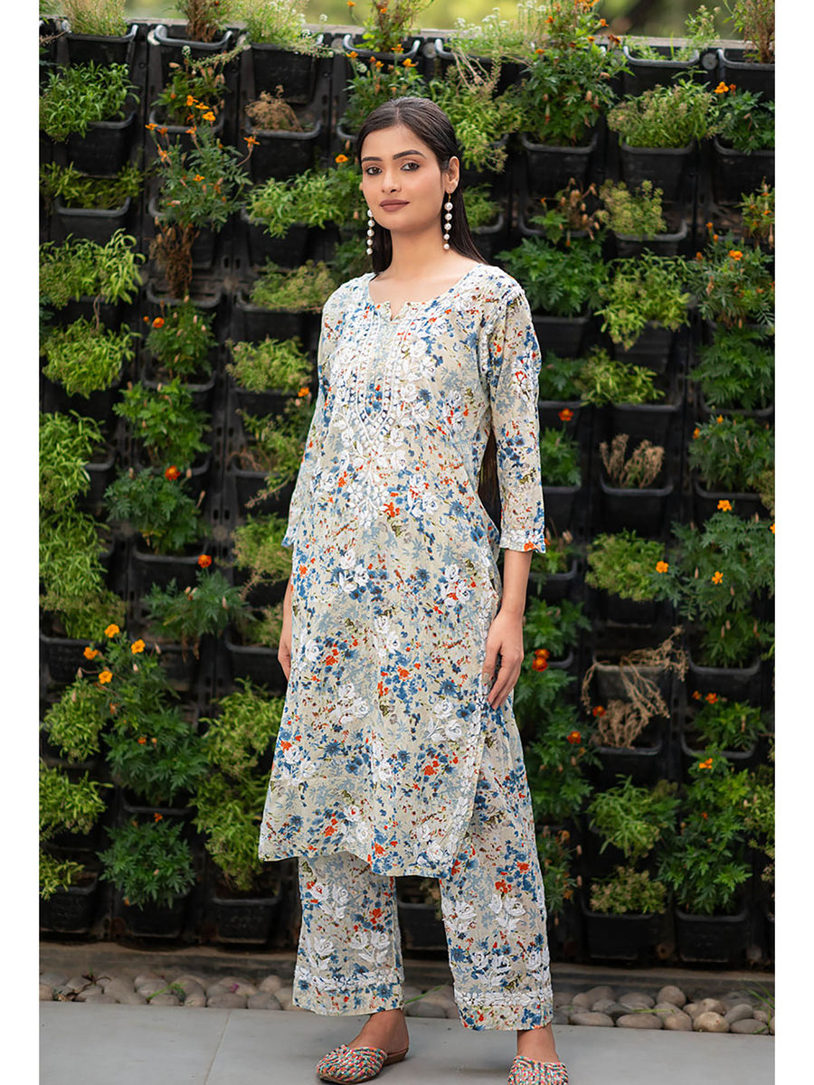 Maira Floral Chikankari Mulmul Co-ord Sets Blue