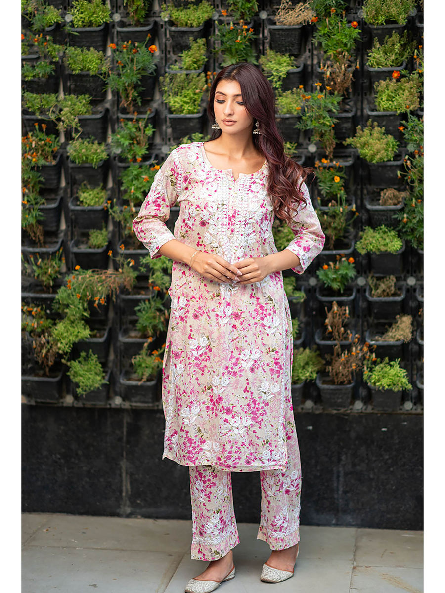 Maira Floral Chikankari Mulmul Co-ord Sets Deep Pink 3XL