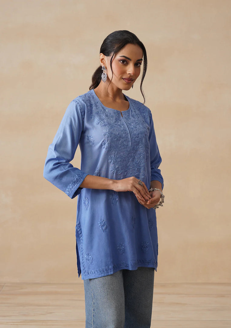 Amina Rayon Short Chikankari Kurti -Jordy Blue