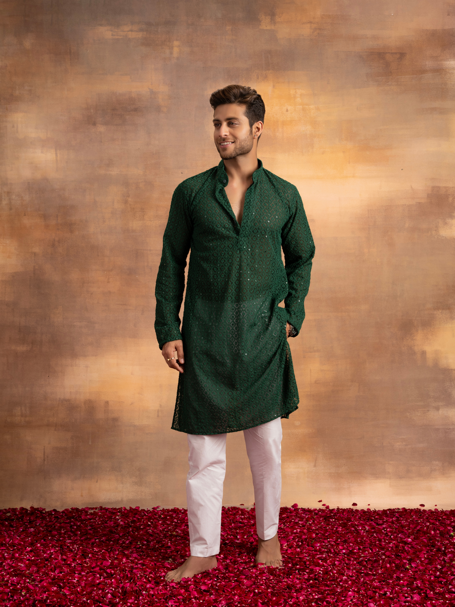 Nawab Mens Hakuba Sequence Chikankari Kurta & Pyjama Set