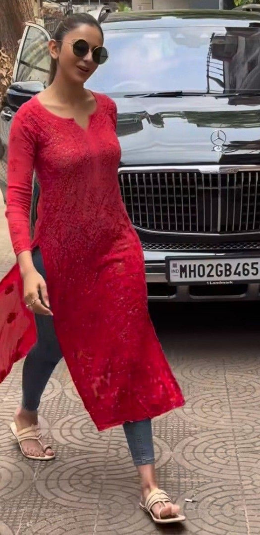 Rakul Preet Viscose Mukaish Chikankari Kurti Red