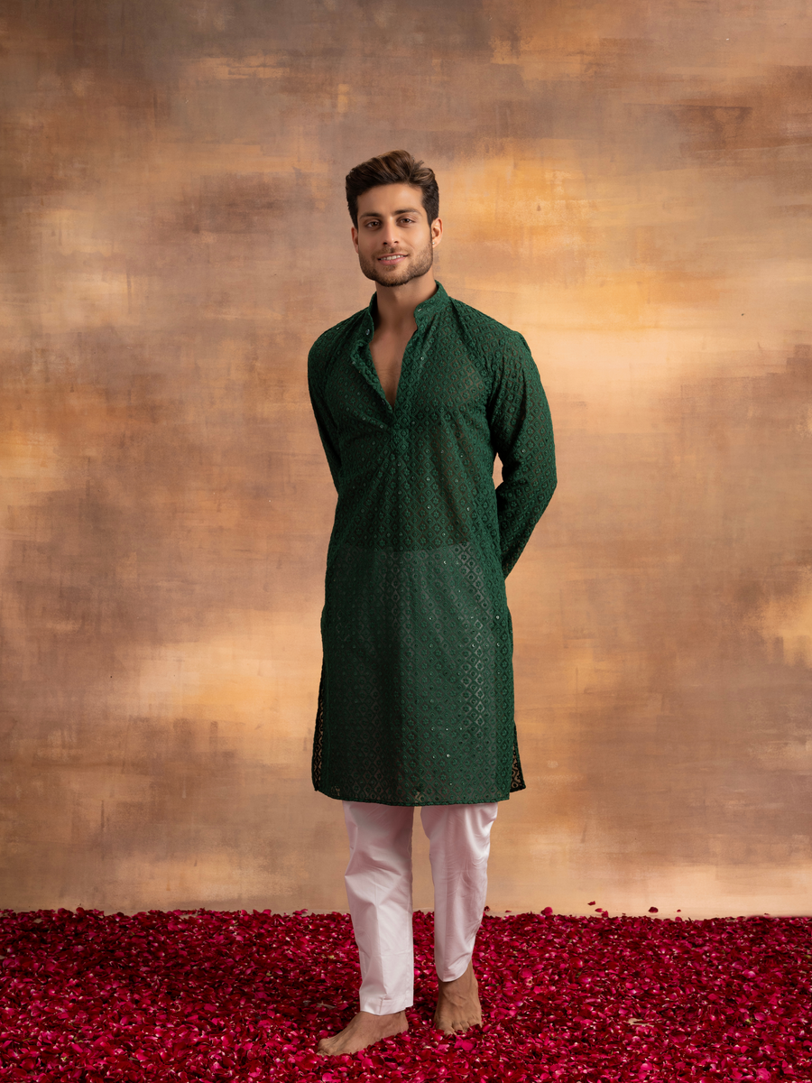 Nawab Mens Hakuba Sequence Chikankari Kurta & Pyjama Set