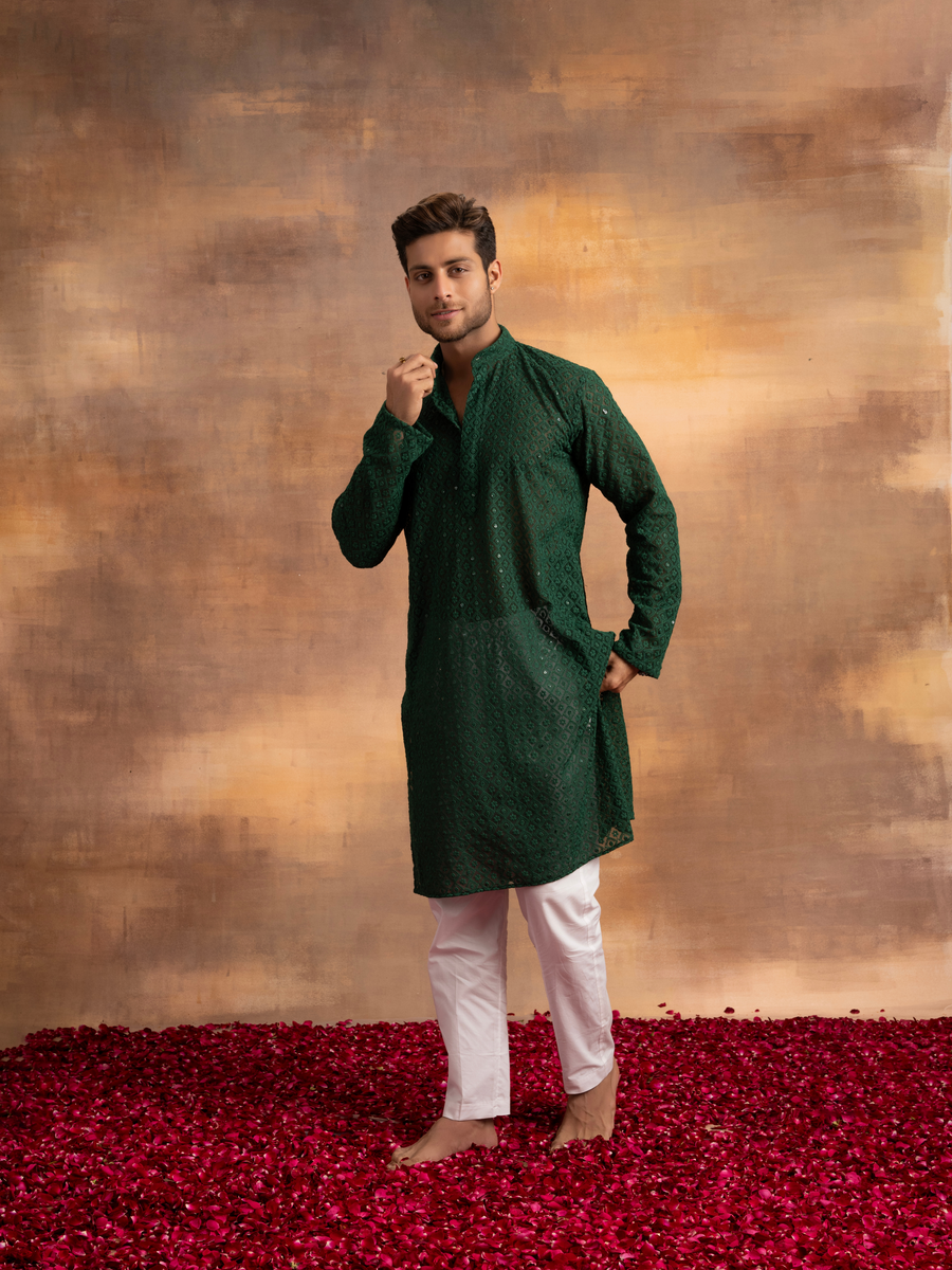 Nawab Mens Hakuba Sequence Chikankari Kurta & Pyjama Set