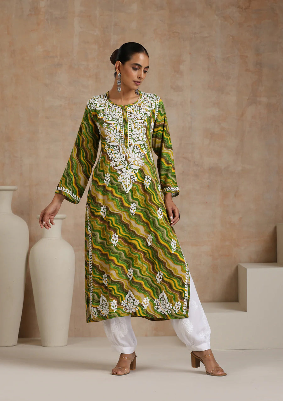 Dhani Rayon Lahariya Chikankari Kurti