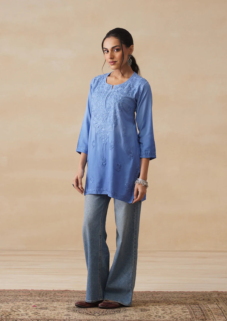 Amina Rayon Short Chikankari Kurti -Jordy Blue