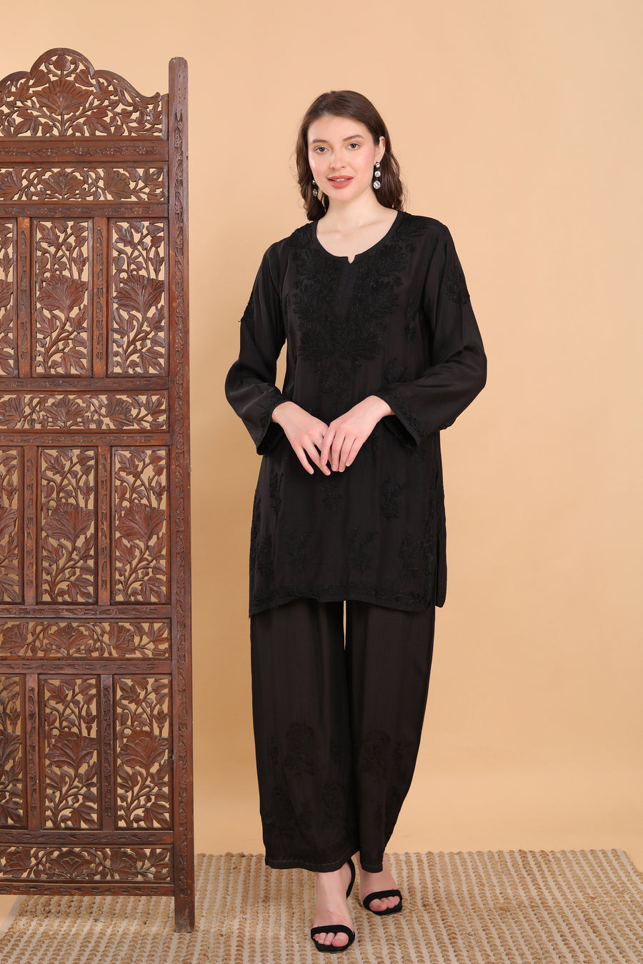 Amina Rayon Black Chikankari Top Black