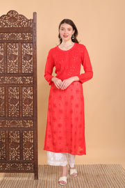 Surmai Viscose Mukaish Chikankari Kurti Red