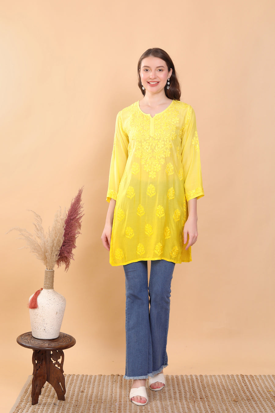 Johra Muslin Chikankari Short Kurti Yellow