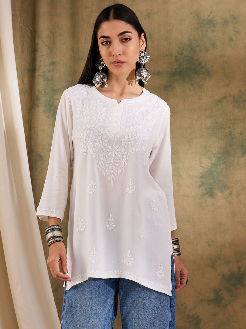 Jiva Rayon Short Chikankari Kurti - The Lucknowi Chikan 