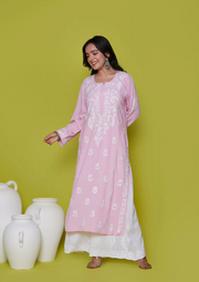 Heer Rayon Long Chikankari Kurti Baby Pink