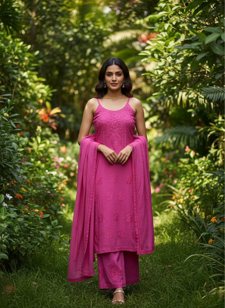 Parinoor Chanderi Cotton Chikankari Kurti Set