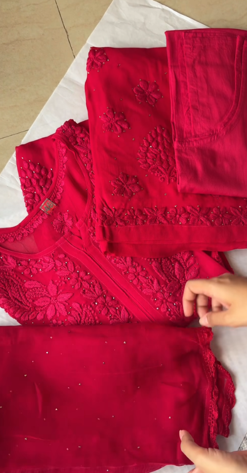 Khwab 3D Handwork Chikankari Kurti Set Red