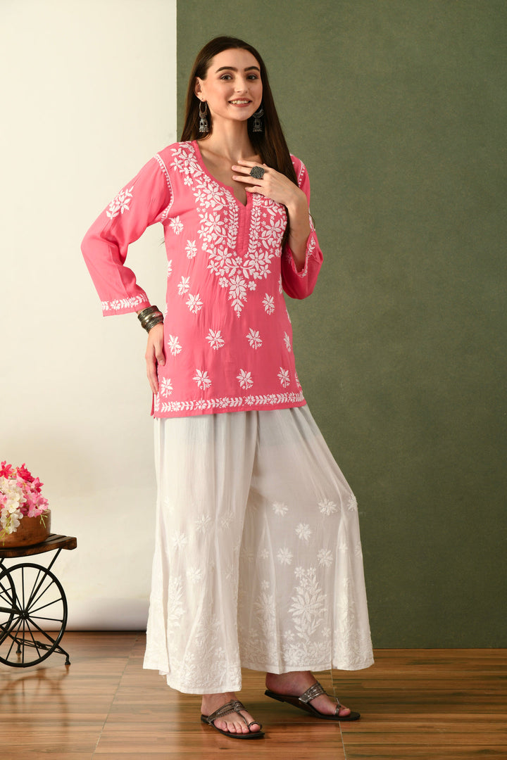 Aabha Premium Modal Chikankari Top Coral