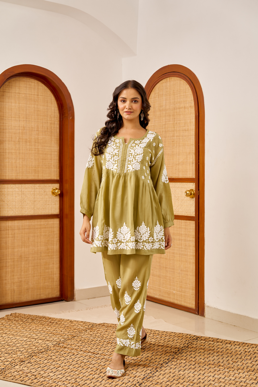 Arohi Modal Chikankari Co-Ord Set Olive Green