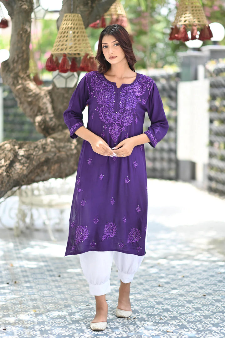 Ulfat Rayon Mukaish Chikankari Kurti- Purple