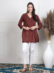 Nalli Dobby Chikankari Short Kurti Brown