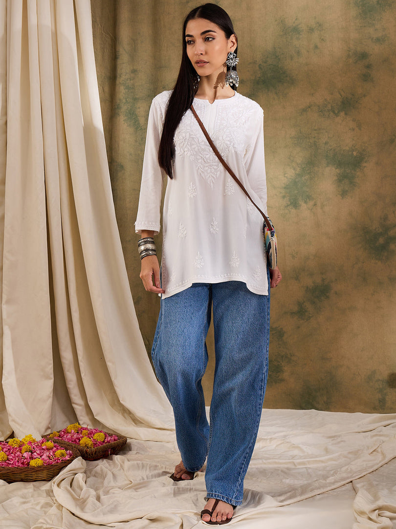Jiva Rayon Short Chikankari Kurti - The Lucknowi Chikan 
