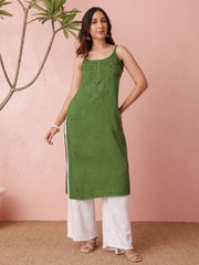 Nayab Strappy Ombre Chikankari Kurti Green