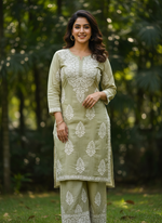 Load image into Gallery viewer, Chanderi Chikankari Kurti Pallazo Set
