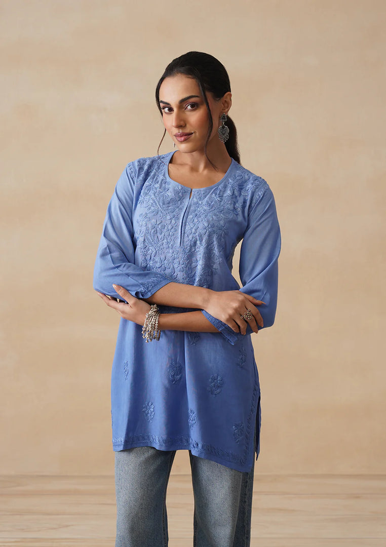 Amina Rayon Short Chikankari Kurti -Jordy Blue