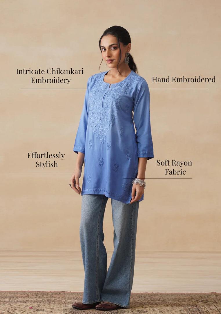 Amina Rayon Short Chikankari Kurti -Jordy Blue