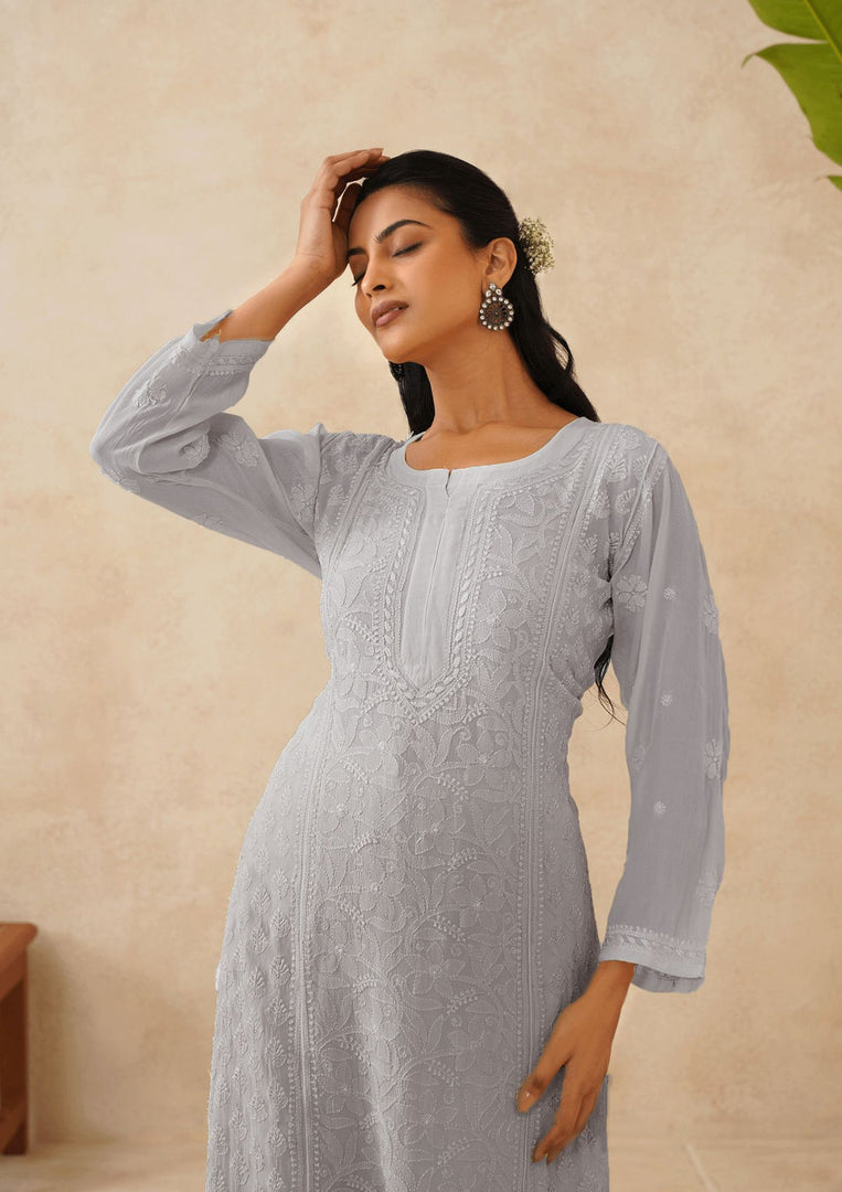Suhana Ombre Chikankari Viscose Long Kurta - The Lucknowi Chikan 