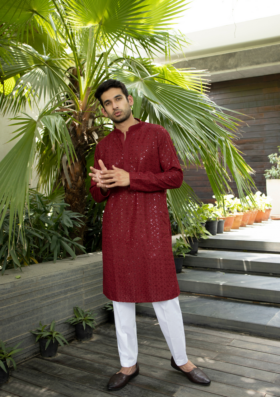 Nawab Mens Hakuba Sequence Chikankari Kurta & Pyjama Set Maroon