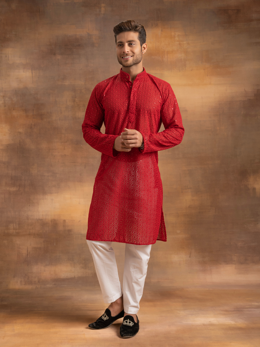 Nawab Mens Hakuba Sequence Chikankari Kurta & Pyjama Set