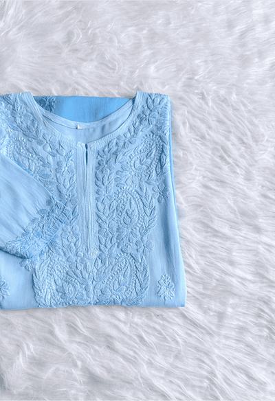 Riva Rayon Ombre Chikankari Kurti Jordy Blue