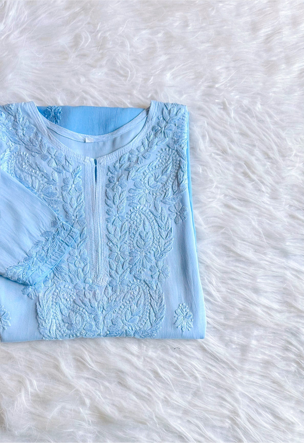 Riva Rayon Ombre Chikankari Kurti Jordy Blue