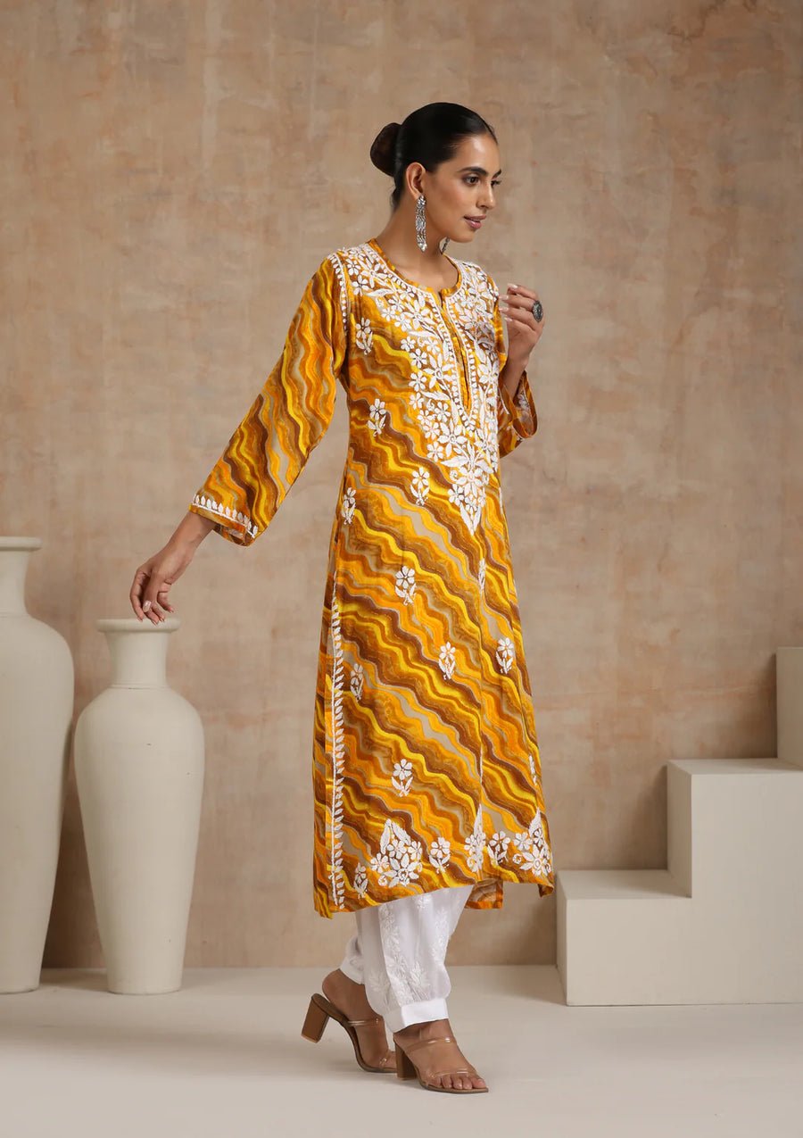 Dhani Rayon Lahariya Chikankari Kurti