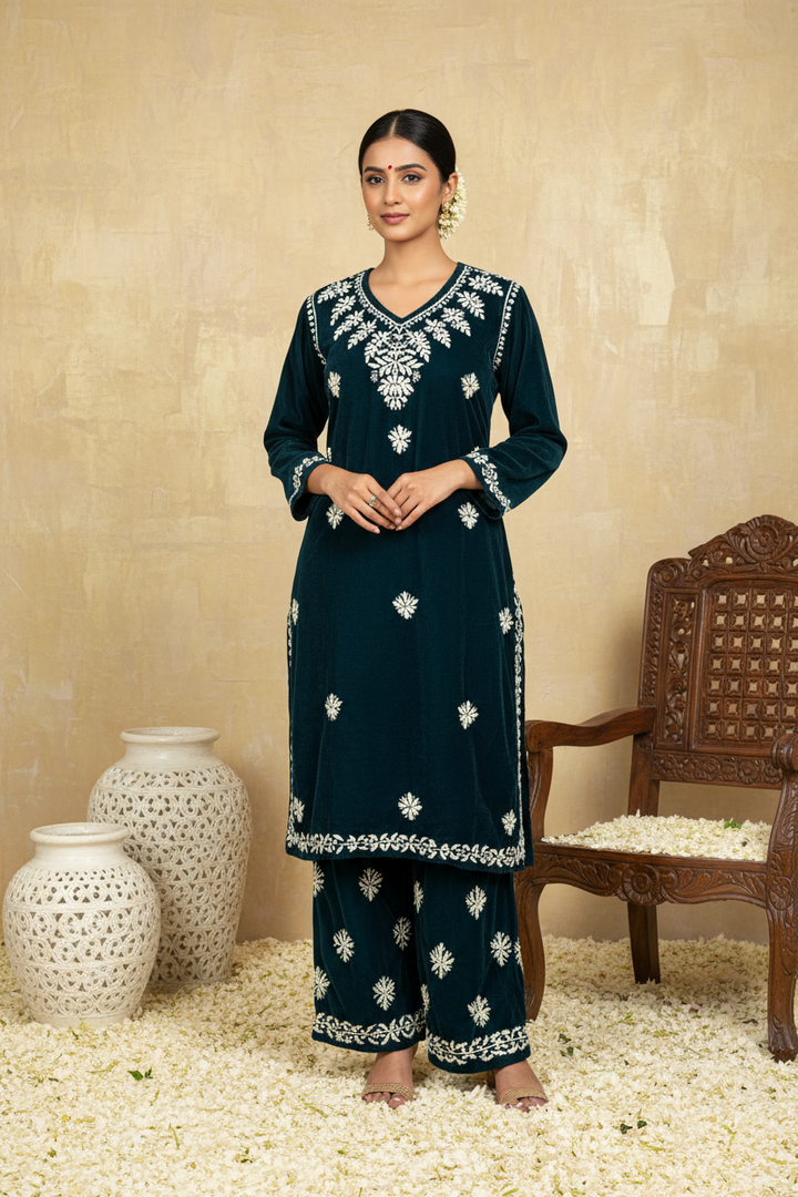 Ojhal Velvet Chikankari Kurti Pallazo Set